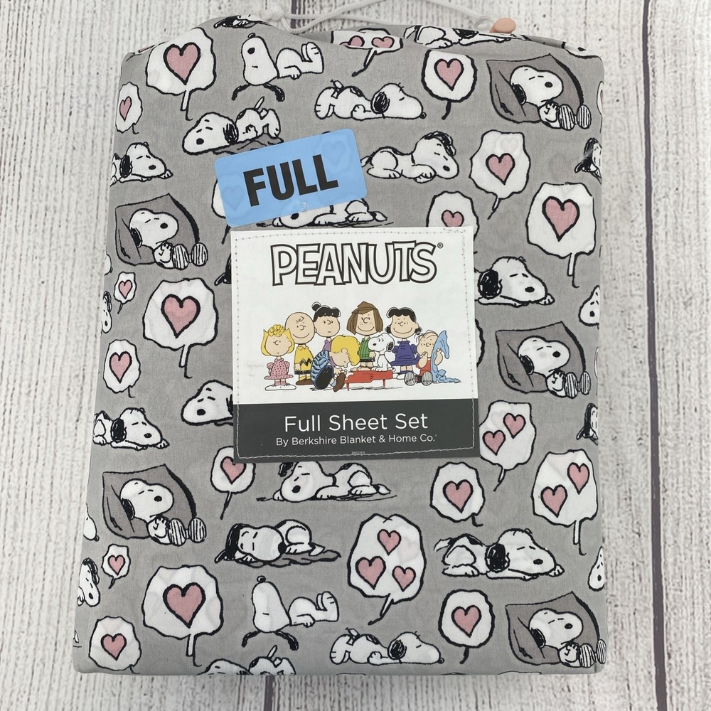 Peanuts Snoopy Sheet Set FULL Gray Sleeping Hearts Love Valentines Berkshire